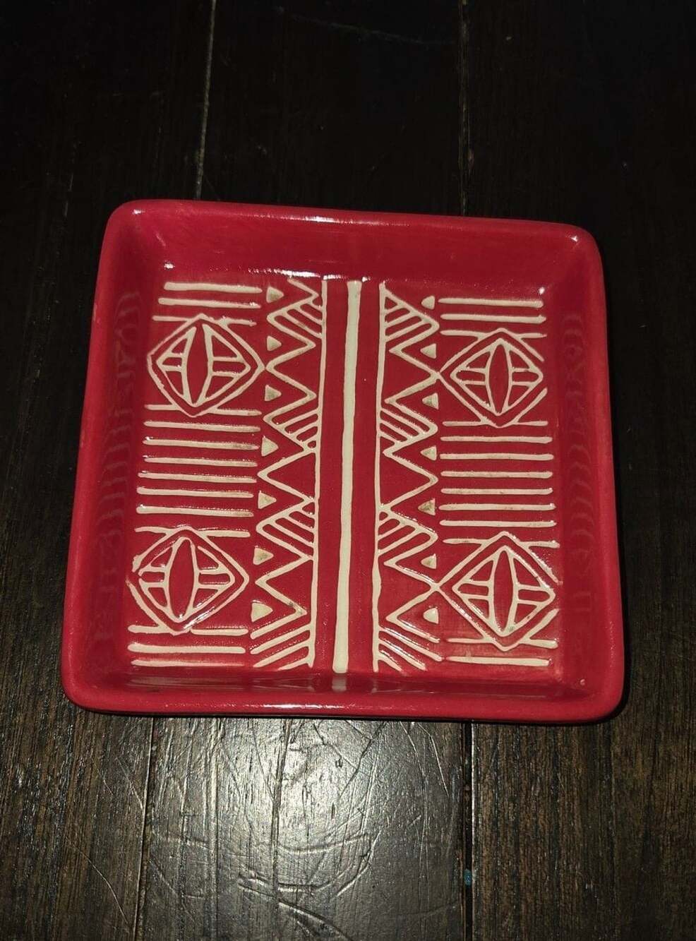 Red and White Ceramic Square Decorative Tray with Tribal Geometric Pattern